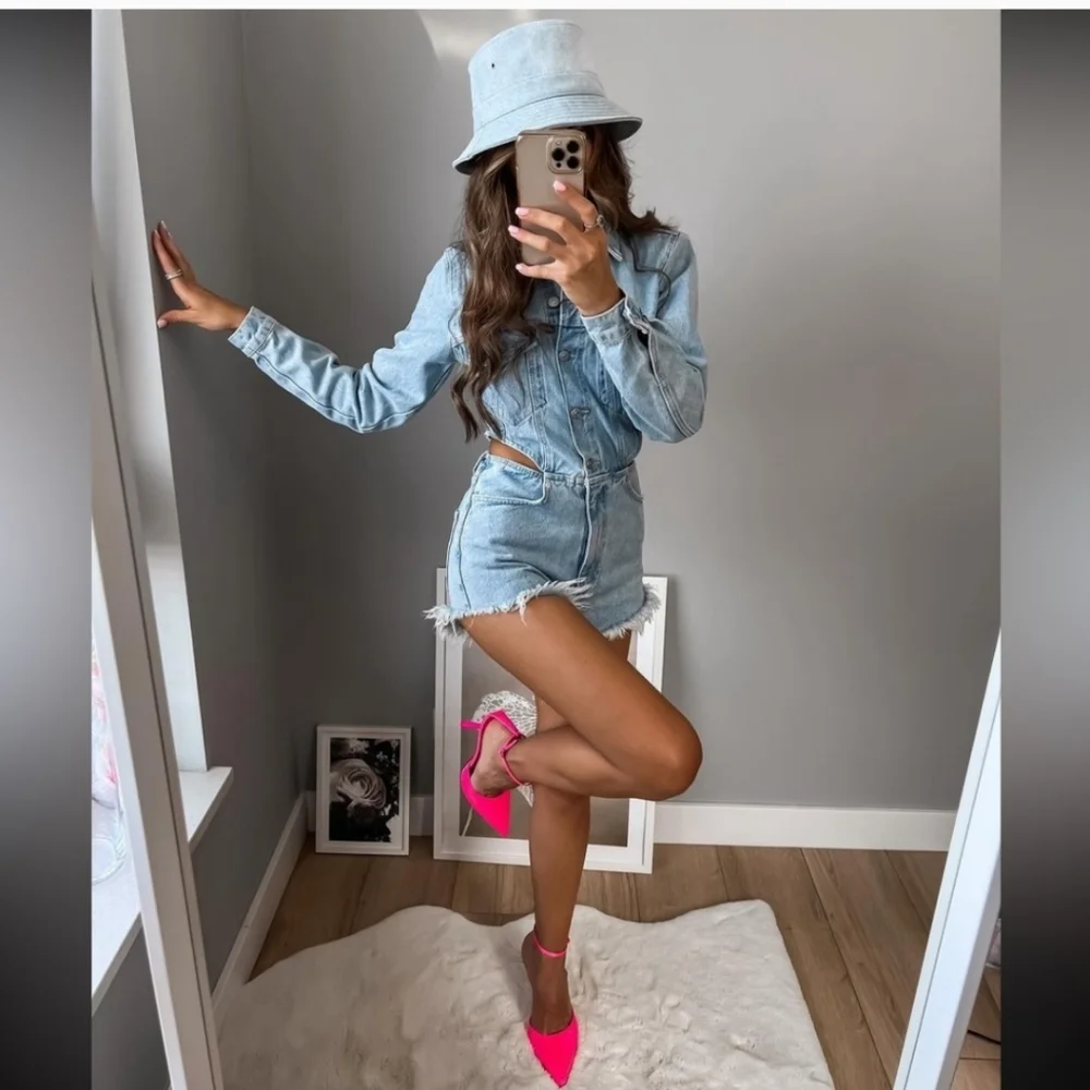 Zara cut out denim short blue wash jumpsuit